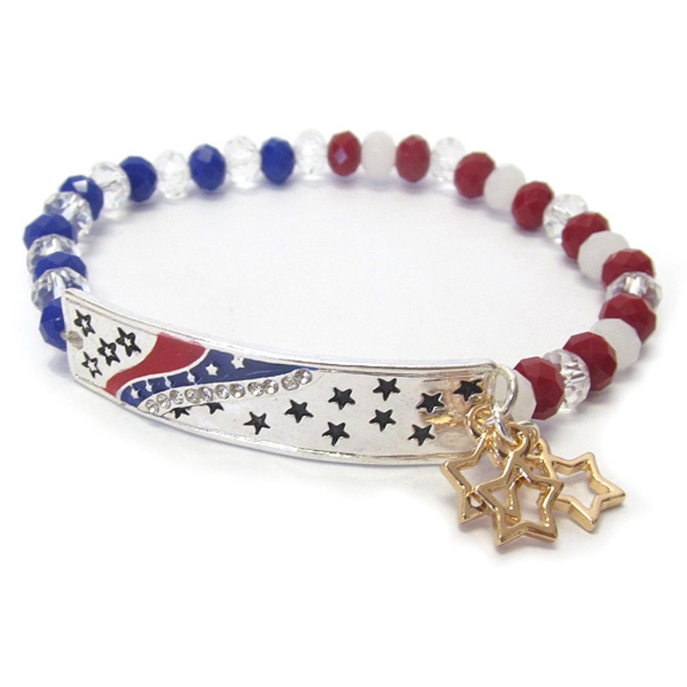 Patriotic Red White Blue Beads Flag Stretch Bracelet